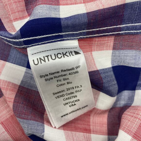 Untuckit Large Blue Red White Plaid Long Sleeve Button Up Cotton Redaelli Shirt - Picture 3 of 5